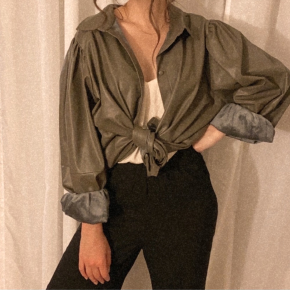 Olive Green Faux Leather Shirt Jacket - Shacket XXL